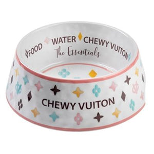 White Chewy Vuiton Dog Bowl 